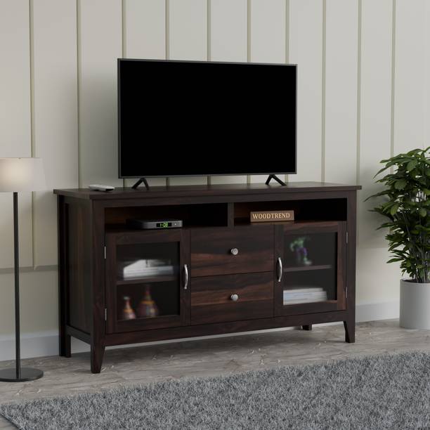 WOODTREND Solid Wood TV Unit for Living Room | Wooden Cabinet with Storage & Glass Doors Solid Wood TV Entertainment Unit