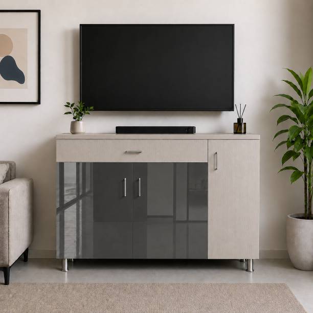 SPECIALITY PANELS High Gloss UV-Resistant 3-Door 7 Shelf TV Console with Utility Drawer Engineered Wood TV Entertainment Unit
