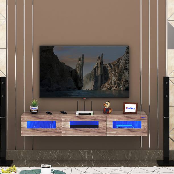 ANIKAA Rayza Wall Mount Modern Floating TV Unit with Storage Cabinet & Blue LED Light Engineered Wood TV Entertainment Unit