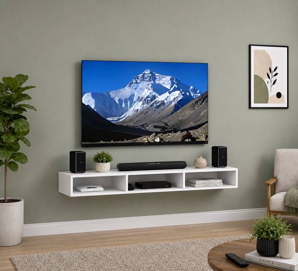 Kravique Crafts Premium White Floating TV Unit | Wall Mounted Entertainment Shelf for 32 Inch TV Engineered Wood TV Entertainment Unit