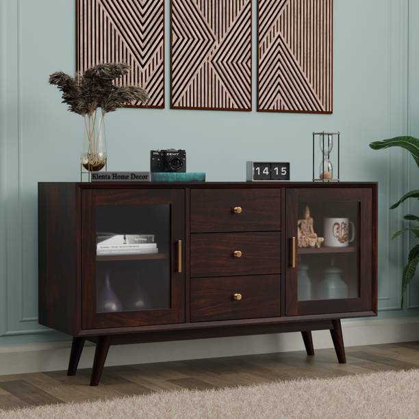 Klenta Home Decor Solid Wood Cabinet Drawer with Glass Doors & Drawers | Sideboard Solid Wood Free Standing Cabinet