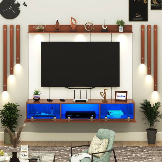 ANIKAA RayzaPro Wall Mount TV Unit with PVC Back Panel,Side Wooden Side Light Panels Engineered Wood TV Entertainment Unit