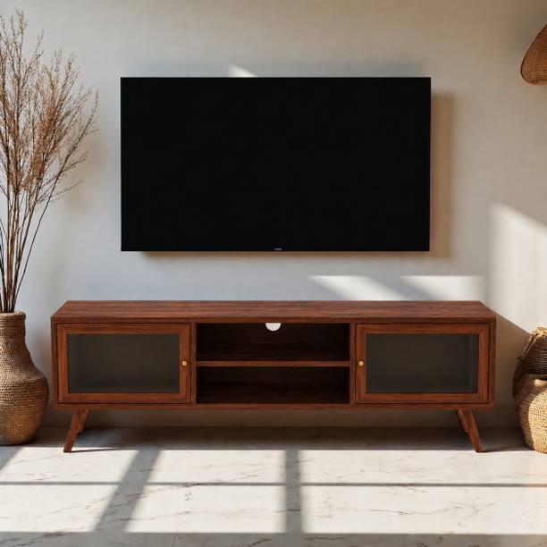 THE ATTIC The Attic Janah TV Cabinet, Solid Wood TV Cabinet , Honey Matte Finish Glass Solid Wood TV Entertainment Unit