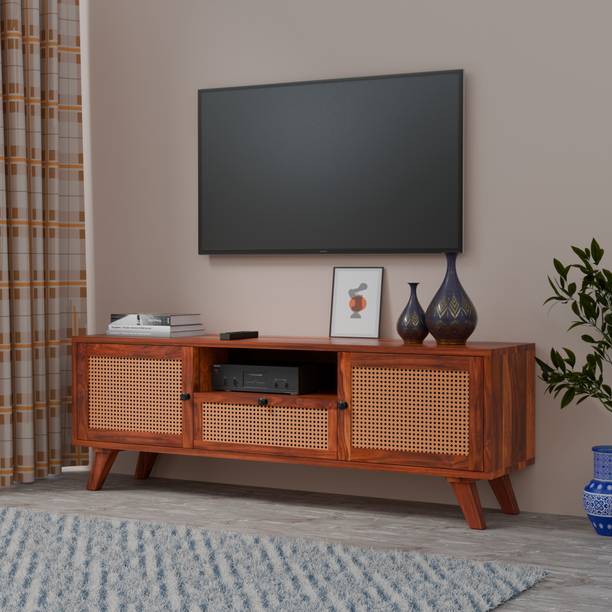 BAGARI ARTS Solid Sheesham Wood TV Unit Cabinet With Rattan Doors | Drawers & Open Shelf | Solid Wood TV Entertainment Unit
