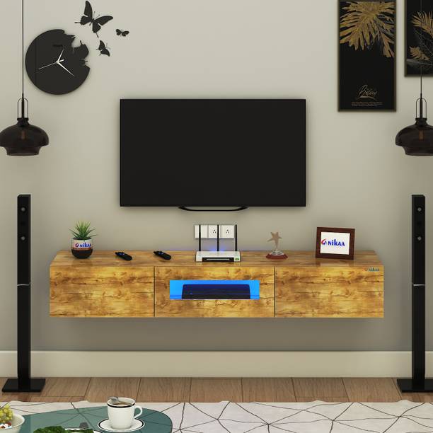 FURNIWUD Lucen Wall Mount Modern Floating TV Unit with Storage Cabinet & Blue LED Light Engineered Wood TV Entertainment Unit