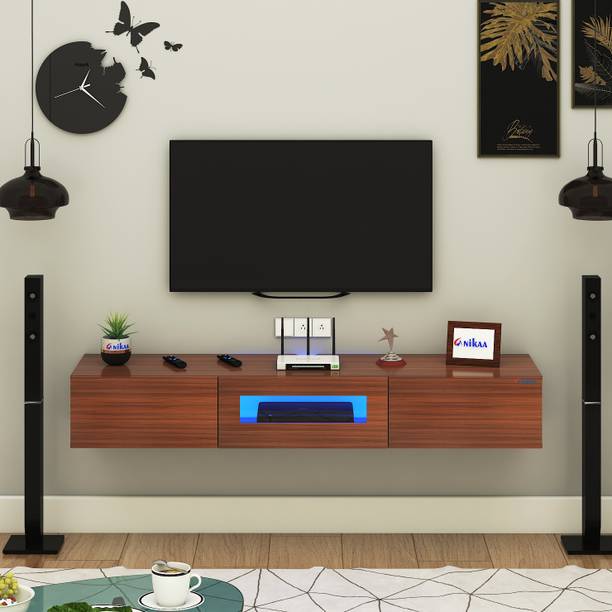 FURNIWUD Lucen Wall Mount Modern Floating TV Unit with Storage Cabinet & Blue LED Light Engineered Wood TV Entertainment Unit
