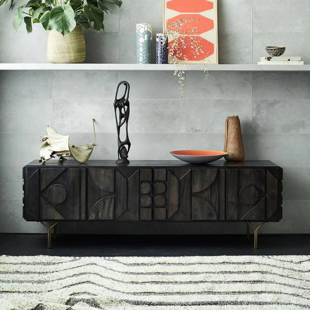 art zone Wooden Media Console with Carved Design and Metal Legs Storage Unit Solid Wood TV Entertainment Unit
