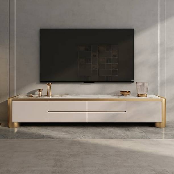 NG Decor 78.7" Off White & Gold TV Stand Sintered Stone With Storage For TVs Up To 85" Engineered Wood TV Entertainment Unit