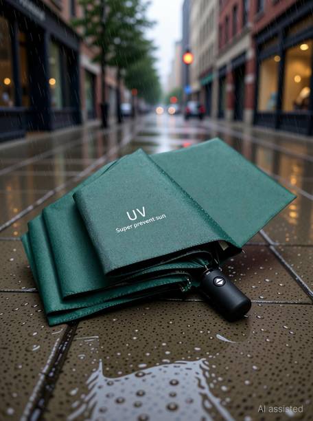 DZX-RE 3 Fold Fully Automatic Rain UV Protection Portable Foldable Travel Umbrella Green