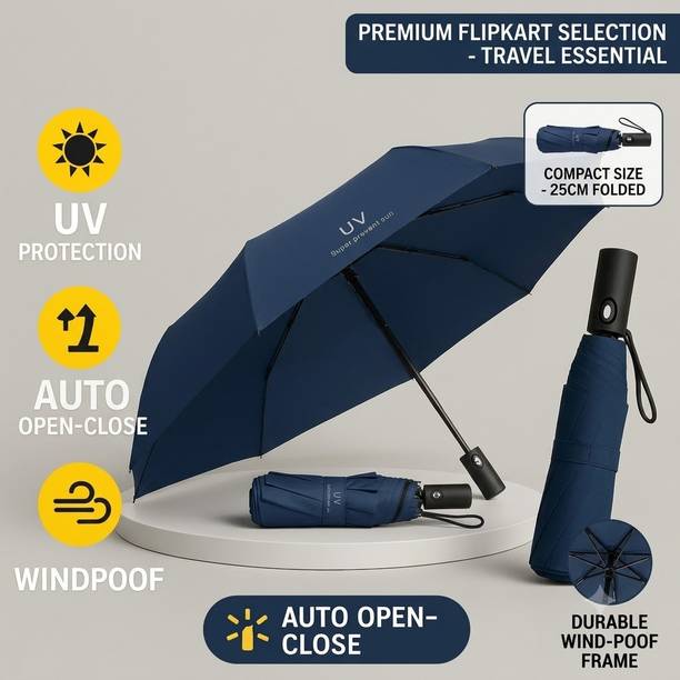 KRENTERPRISEKR Blue Automatic UV Protection Umbrella for Sun & Rain 3 Fold Umbrella