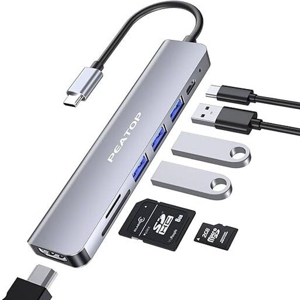peatop 7 in 1 USB-C Hub with HDCP 2.2 Aluminum Type C Adapter with 4K HDMI Port USB Adapter