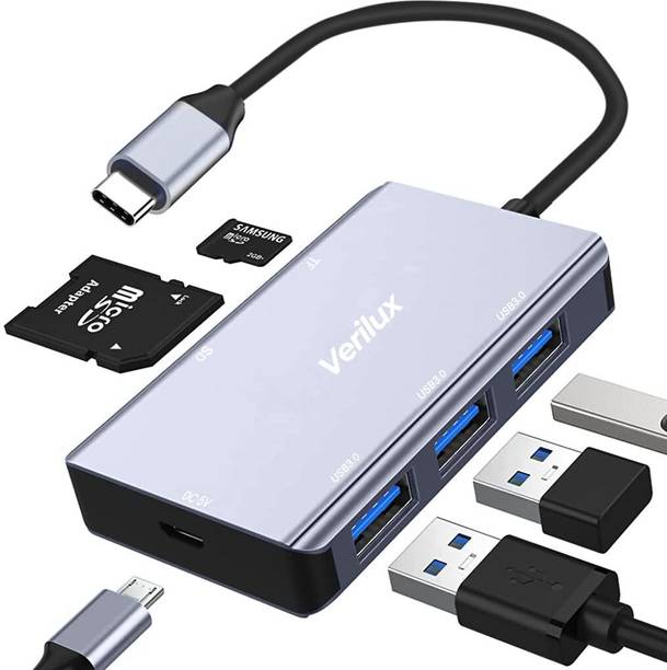 Verilux USB C Hub Multiport Adapter 6 in 1 Type C Hub with SD Slots and 3 USB 3.0 Ports USB C Hub Multiport Adapter 6 in 1 Portable Aluminum Port Replicator