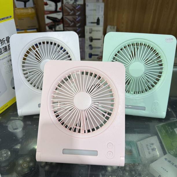 Shop Comfort USB Desktop Fan with Stand LED Light, 3 Pastel Colours, Adjustable Portable Mini Rechargeable Fan, USB Fan