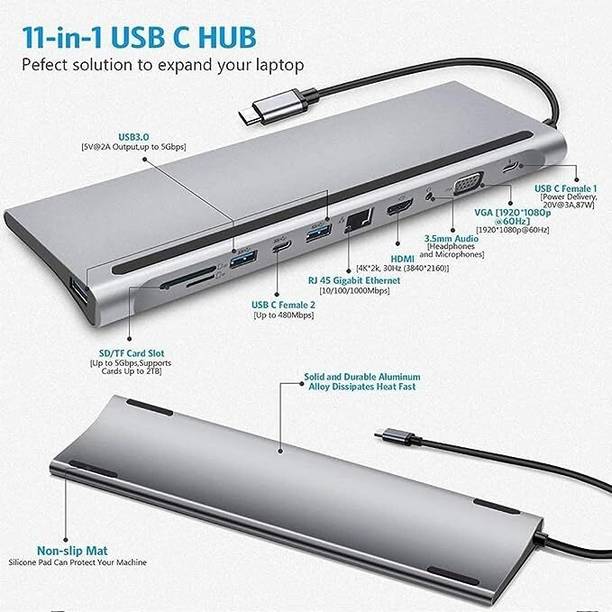 RuhZa 11 in 1 USB C Hub with PD & Dual Displays Capability, 1000M RJ45 Ethernet Card Reader, Audio/Mic Port for MacBook, Surface Book, Chromebook USB Hub