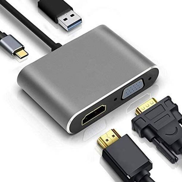 RuhZa USB C Hub, 4 in 1 Aluminum Multiport Adapter, 1080P VGA Adapter, USB 3.0 Port, 87W Power Delivery Port for MakBook and Type C Devices USB Flash Drive