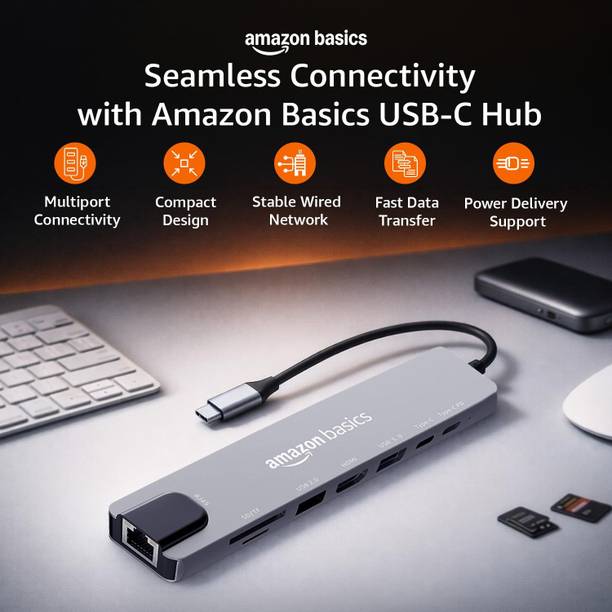 AMOZONE BASICS Type-C Hub Dock, 8-in-1 HDCP Aluminium Adapter Type-C Hub Dock, 8-in-1 HDCP Aluminium Adapter with 4K HDMI & Ethernet Laptop Accessory, HDMI Connector, USB Charger, USB Cable