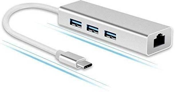 DooBuy Type C to 3-Port USB Hub + RJ45 Adapter - Type-C to Gigabit Ethernet LAN Network +3 USB Ports Converter for MacBook/Pro/iMac/ChromeBook/Pixel Type-C Devices USB Hub