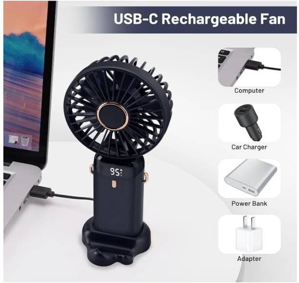 HRKA Display Fan Hand 5 Speed with Foldable 90° & Easy Portability Rechargeable D155 Portable Display Fan Hand 5 Speeds_HS155 USB Fan