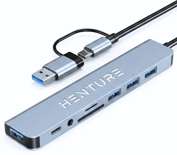 Henture 8-in-1 USB Type-C Hub with 4 USB Ports, SD/TF Card Reader, 3.5mm Jack, USB-A + Type-C Dual Connector – Aluminium Multiport Adapter for Laptop, Mobile, Mac USB Hub