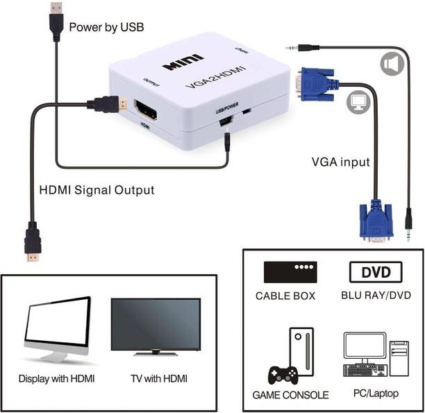 VOOCME VGA to HDMI, 1080P Full HD Mini VGA to HDMI Audio Video Converter Adapter Box with USB Cable Laptop Accessory