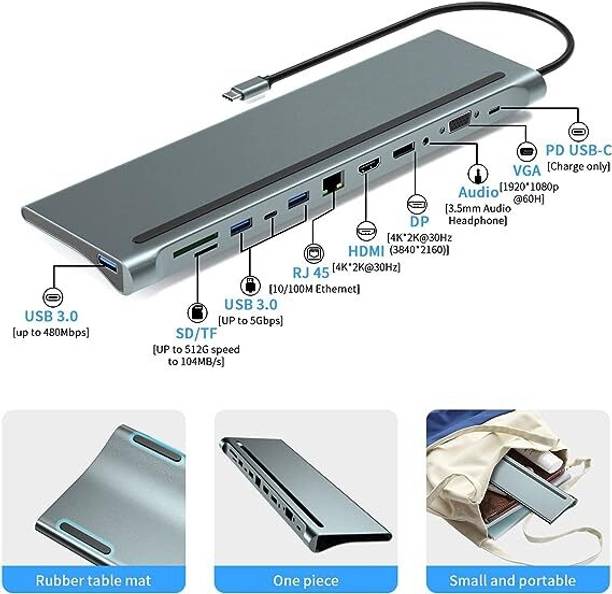 RuhZa USB C HUB,USB C to 12 in 1 HUB Dock MST, Aluminium Type C Station 2* HDMI Port, USB-C Power Delivery, TF/SD Slot and USB C Data Port for Laptops/MAC Laptop Accessory