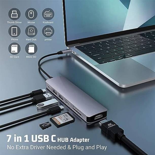 RuhZa 7 in 1 USB C Hub Multiport Adapter with HDMI 4K@60hz Output, Power Delivery Type C Charging 7 Port Hub with SD Card Reader, 3.0 USB C Hub for Mac MacBook Laptop Accessory