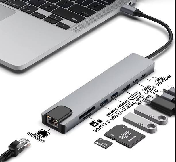 SMGOLD 8-in-1 USB-C Multiport Hub with 4K HDMI, USB 3.0, SD/TF & RJ45 Ethernet Premium 8-in-1 USB-C Hub with 4K HDMI, USB 3.0 and SD Card Card Reader, HDMI Connector, Laptop Accessory, USB Hub