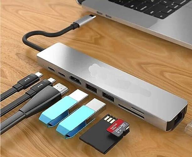 RuhZa (8 in 1) USB 3.1 Type-C to 1x 4K HDMI Port, 2X USB 3.0 Port, 1x Card Reader, 1x Gigabit LAN (Compatible with Mac and Windows laptops) Laptop Accessory