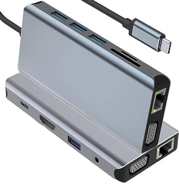 VOOCME 12 in 1 USB c hub Compact 12 Port Aluminium Type C Docking Station 1* HDMI Port, 1* VGA, RJ45, 5 USB 3.0 Ports, 1-3.5mm Audio USB Hub