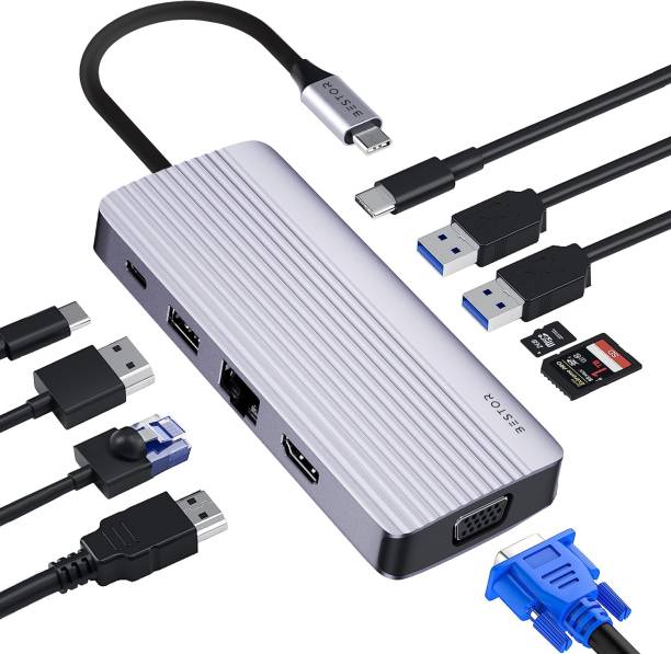 Bestor USB-C Dongle 10 in 1 Dock Accessories Dell, ASUS, HP with 4K HDMI, 3 USB 3.0, 1 PD 3.0, SD/TF Card Reader, VGA, Ethernet, USB-C Hub USB Hub