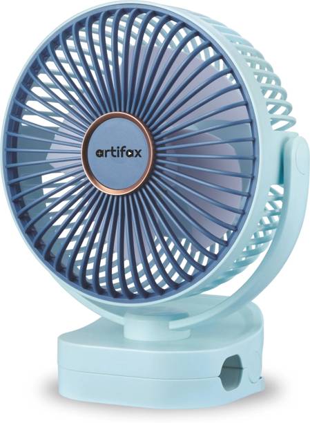 Artifax Rechargeable Portable Fan Clip Fan with LED Light, 3-Speed, 360° Rotation, 4-6 Hrs Battery, Compact USB Fan