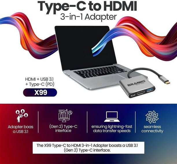 Branko Type C to HDMI Adapter (3-in-1), Multiport USB C Hub, USB 3.0, PD Charging Port for Laptop, MacBook, PC and Other Type C Devices USB Hub