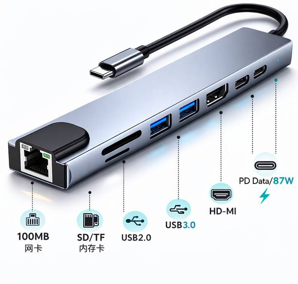 AiFit 1 X Sleek 8-in-1 USB-C Hub for Work & Play 8-in-1 USB-C Hub with 4K HDMI, 87W PD & Ethernet USB Hub