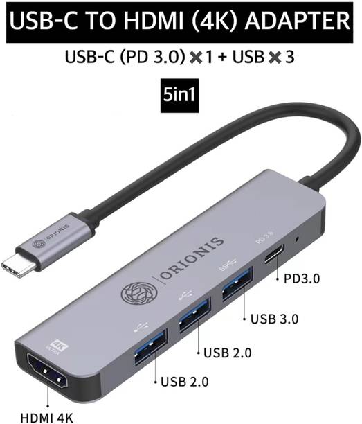 Orionis 5-in-1 Type-C Multiport Hub |4K HDMI USB Hub | USB 3.0 ×1 + USB 2.0 ×2 |100W PD| Type c To HDMI Hub | Laptop USB C Hub | 5 in 1 USB C Hub | USB C Docking Station USB Hub
