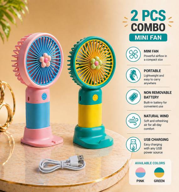 DTwenty Natural Wind | 3 Speed Modes | Desktop & Hand Fan for Kids,Girls,Travel,Office Combo Portable USB Mini Fan (Pack of 2) USB फैन, रिचार्जेबल फैन