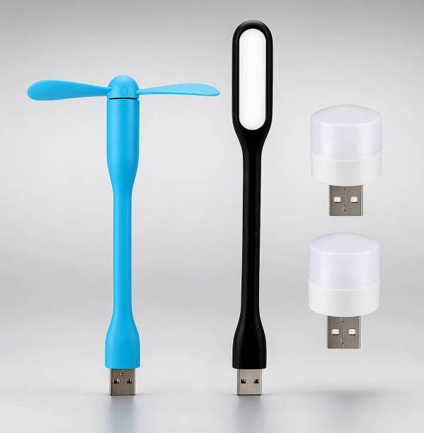 Orionis USB Mini Fan & LED Light Combo | Flexible Portable USB Fan + 2 USB Night Lights Compatible with Laptop, Power Bank, Adapter & Car Charger (Multi-Color) USB फैन, LED लाइट