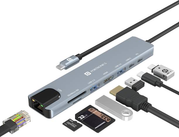 Portronics Mport 8 USB-C Hub, 8 Port, HDMI, Ethernet, USB, Card Reader, Type-C PD & Data, POR-2149 USB Hub