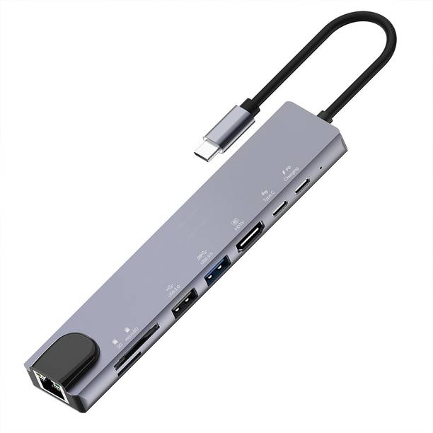 Multybyte Hub with 4K HDMI, 100 Mbps LAN, USB 3.0, Card Reader, Type-C Data, PD Charging 8 in 1 Type C to Multiport HUB, USB Hub, USB LAN Card