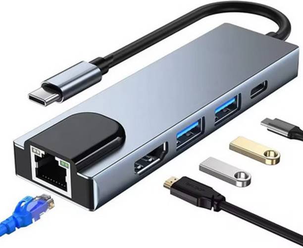 THE MOBILE POINT 5-In-1 Type C, RJ 45 Port, 5GBPS Data Transfer, HDMI Port DATA Transfer Compatible with Type-C Laptops, Tablets & Smartphones HDMI Connector, USB Hub, USB LAN Card