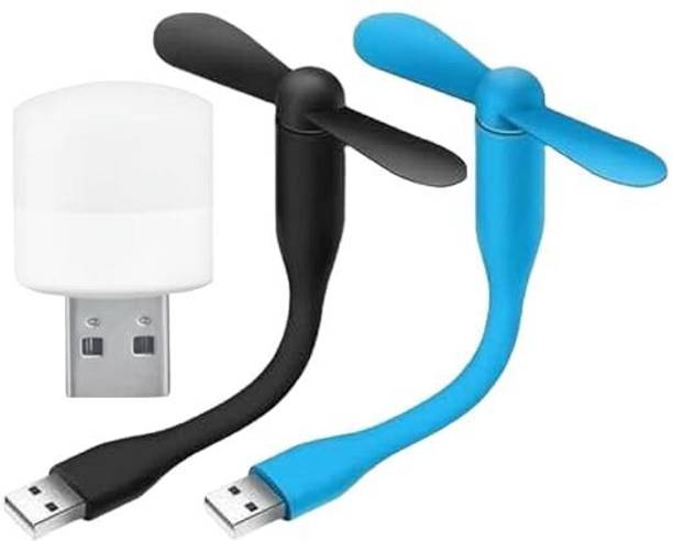 justcellz PACK-3 Mini USB Portable Combo 2 Fan and 1 Night Bulb Compatible For Laptop/Smartphone’s/Desktop/Power Bank USB Fan, Led Light