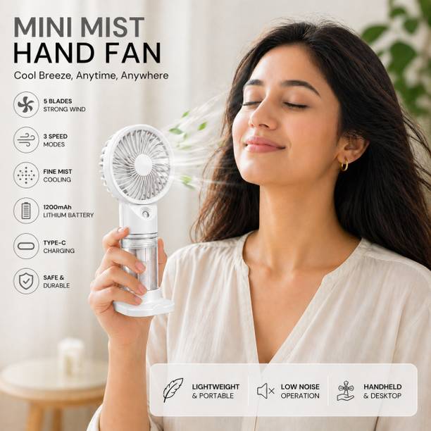 HazarikaMart Portable Mini Han Fan Water Spray Mini Fan 2 in 1 USB Mist Cooling Fan, 3 Speed 1200mAh Battery, Type-C Charging, Handheld & Desktop Use (Random Color) Laptop Accessory, Rechargeable Fan, USB Air Cooler, USB Fan