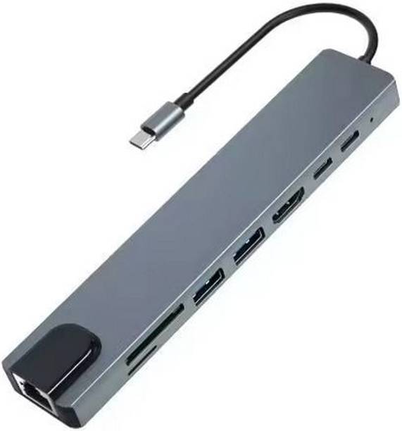 HRYFiNE Type-C To HDTV 8 in 1 RJ+TF+/SD+HDTV+USB3.0,3.2+TYPE-C+PD 8IN1 USB Hub, Laptop Accessory, Card Reader, USB LAN Card, HDMI Connector