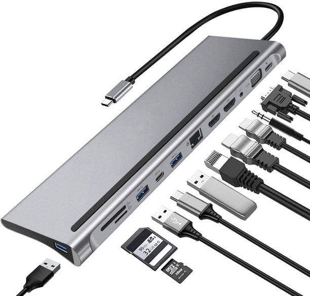 RuhZa USB C to 12 in 1 Aluminium Universal USB C Docking Station Dual Monitor HDMI, DP & VGA with 3 USB 3.0,Ethernet,Mic,2 HDMI Port,SD & Micro SD USB Hub