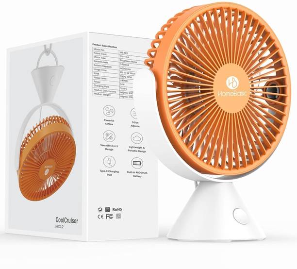 HOMEBASIC Rechargeable Mini Desk Fan 3-Speed 2400 RPM Brushless Motor 4000mAh Battery, USB Type-C, Quiet 360° Rotation USB Fan