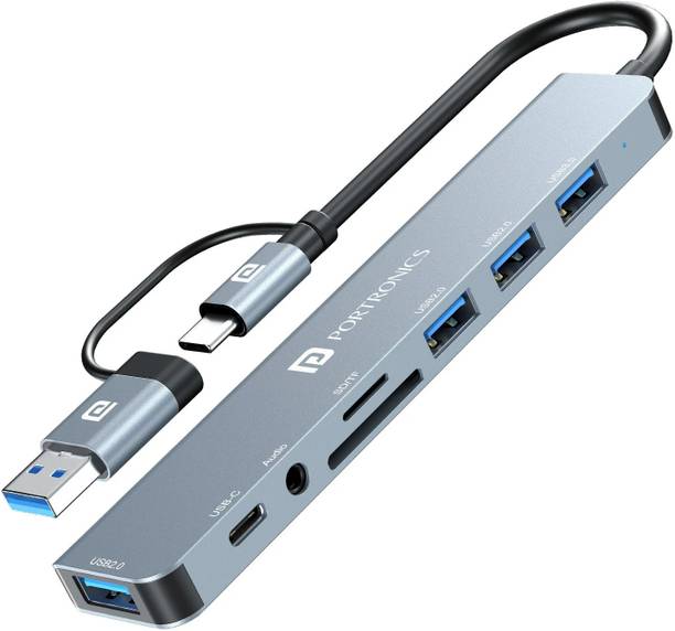Portronics Mport 8 Plus Dual Hub (Type C & USB, 8-in-1) with AUX, PD, USB, SD Card Reader POR-3044 USB Hub