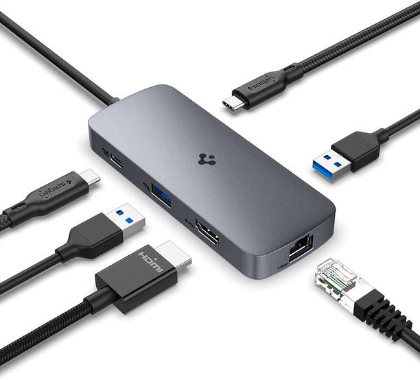 Spigen 6-in-1 USB C Adapter 8K 60Hz HDMI, Ethernet, 2 USB C 3.0 Data Ports, 2 USB A Data Ports USB Cable