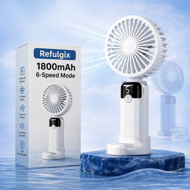 Refulgix 1800mAh Battery Mini Portable Fan | Powerful Brushless Motor, Large Blades, 6 Speed Modes, Low Noise Design & Rechargeable Hand Fan USB फैन