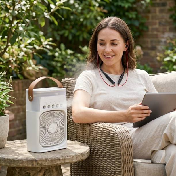 SonicHive Air Cooler White Mini Air Cooler Fan with Black Bluetooth Neckband Free Bluetooth