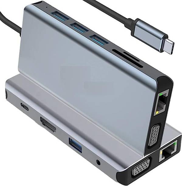 RuhZa 12 in 1 USB c hub Compact 12 Port Aluminium Type C Docking Station RJ45, 5 USB 3.0 Ports, USB-C Power Delivery, TF/SD Slot and USB C Data Port. USB Hub