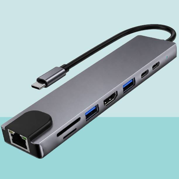 HRYFiNE 8-in-1 USB C Adapter with 4K HDMI, USB C Port, USB 3.0,RJ45 Ethernet, Type- C Adapter with 4K HDMI, RJ45 Ethernet, SD/TF USB Hub, Laptop Accessory, Card Reader, USB LAN Card, HDMI Connector